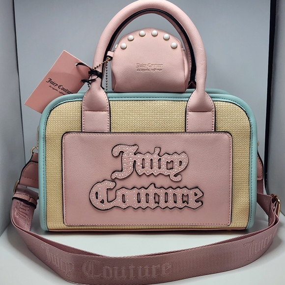 Juicy Couture Handbags - Juicy Couture Pink & Straw Satchel Bag NWT Logo Front Pocket + Coin Purse
